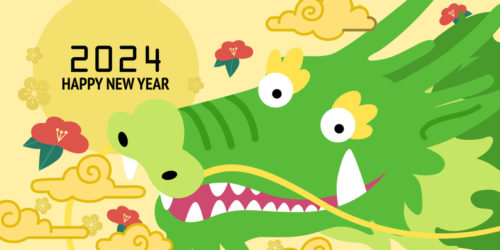 Chinese dragon head close-up new year 2024 banner template vector with oriental clouds and decorative flowers. Happy year of the dragon or lunar new year 2024 in Asia.