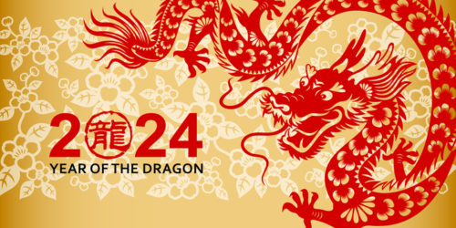 Celebrate the Year of the Dragon 2024 with red papercutting dragon on floral background, the Chinese stamp means dragon