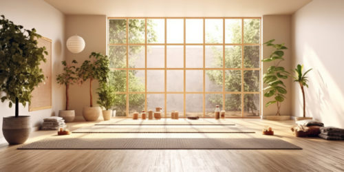 Empty yoga studio interior design, open space with mats, pillows and accessories, parquet, patio house, inner garden with tree and pebbles, meditation room